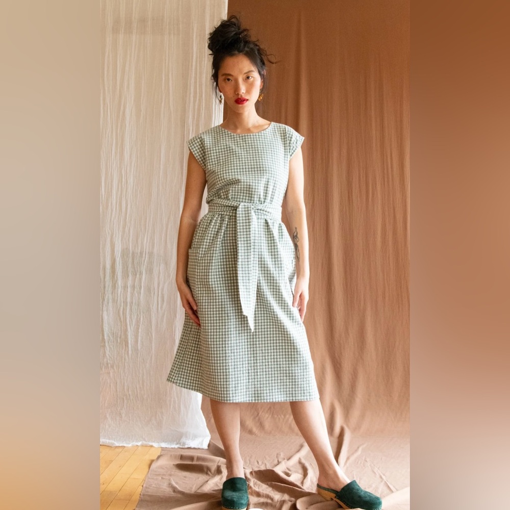 Organic cotton green gingham midi dress